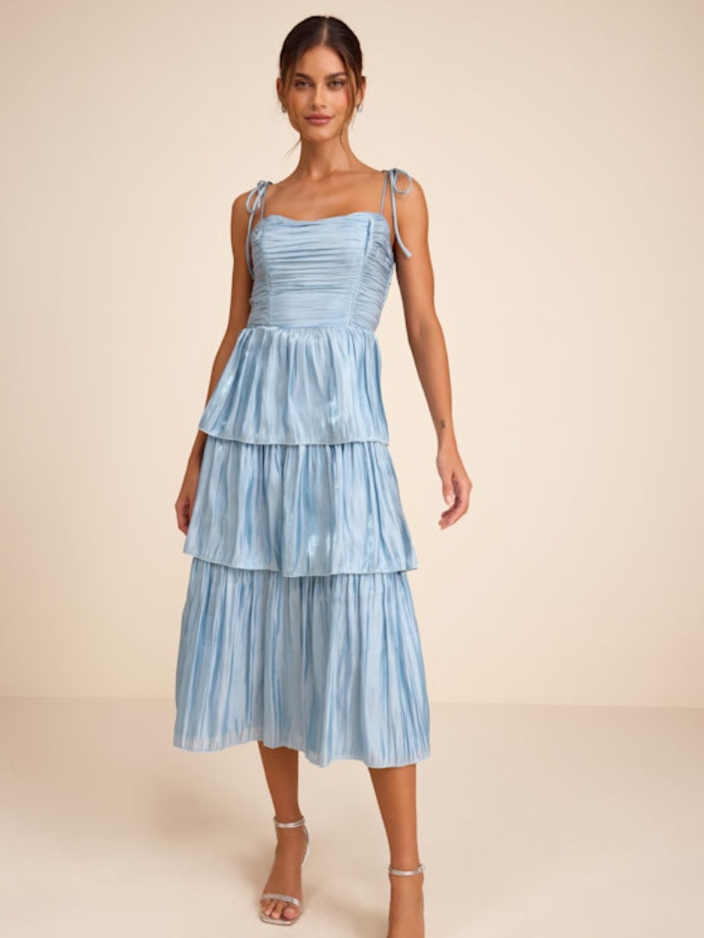 Lulus Tennon Dusty Blue Plisse Tiered Midi Dress - L